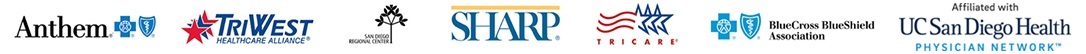 Insurance logos displayed by the practice: Anthem, TriWest, San Diego Health Connect, Sharp, Tricare, Blue Cross Blue Shield, and UC San Diego Health Physician Network